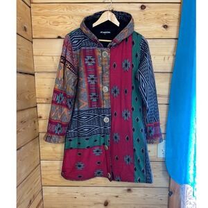 Leopards & Roses Boho Patchwork Hooded Fleece Lined Cotton Jacket Coat Nepal M